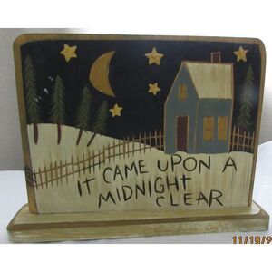 hand painted primitive sign Christmas etched wood with stand wood art country